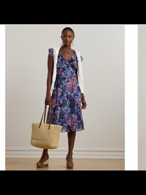 NWT Lauren Ralph Lauren women’s petite print ruffle trim georgette dress 6PS